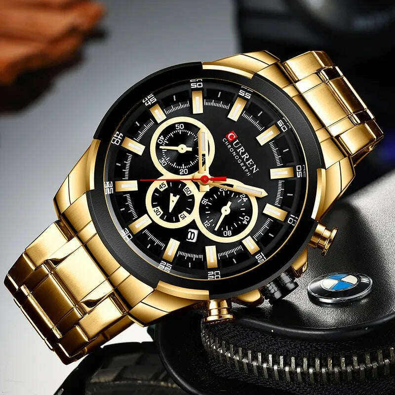 KIMLUD, CURREN Men’s Watches Top Brand Big Sport Watch Luxury Men Military Steel Quartz Wrist Watches Chronograph Gold Design Male Clock, KIMLUD Women's Clothes