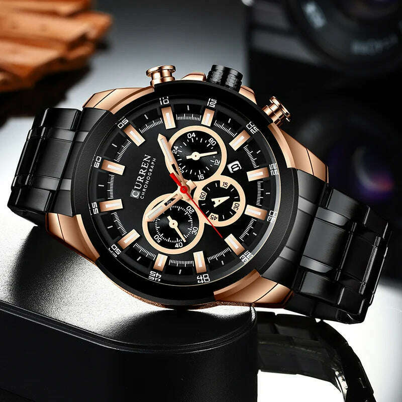 KIMLUD, CURREN Men’s Watches Top Brand Big Sport Watch Luxury Men Military Steel Quartz Wrist Watches Chronograph Gold Design Male Clock, KIMLUD Women's Clothes