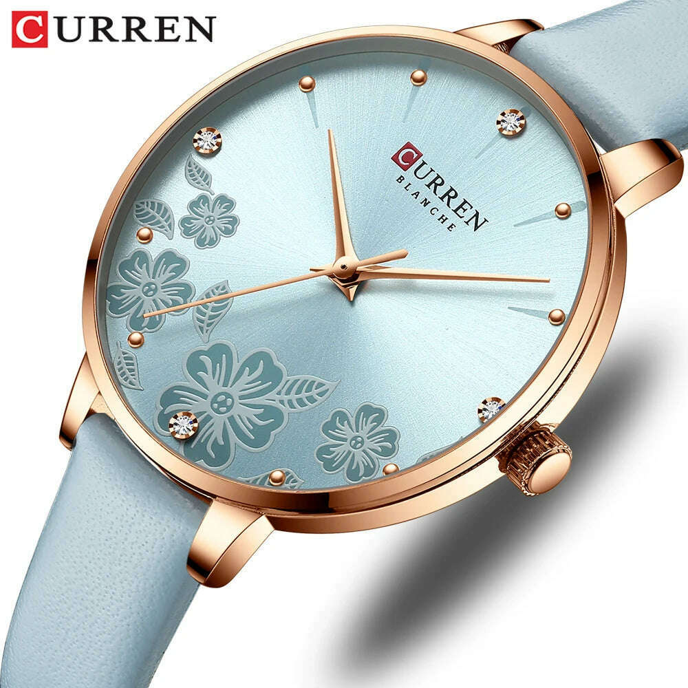 KIMLUD, CURREN Watches Women Brand Leather Quartz Wristwatches Luxury Design Clock for Ladies Charm Flowers Dial Montre Femme, KIMLUD Womens Clothes