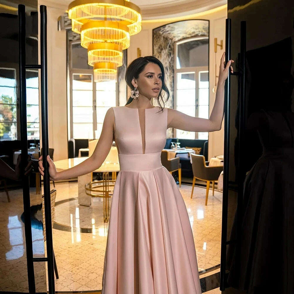 Custom Color Tea-Length Satin 2024 Evening Dress Illustion V-Neck Sleeveless Evening Gown Sexy Backless A-Line Prom Dress - KIMLUD