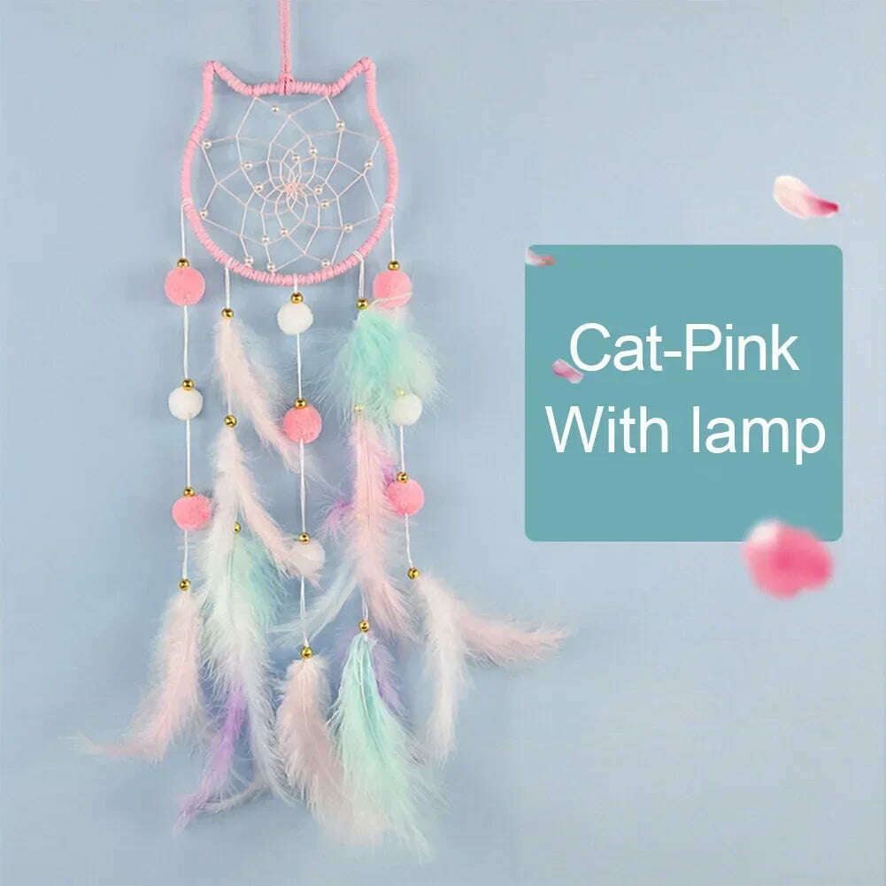 KIMLUD, Cute Dream Catcher To Hang Home Decoration Star Moon Dreamcatcher Feather Ornaments Wall Hanging Interior Kid Room House Decor, Cat - Pink / With lights, KIMLUD Womens Clothes