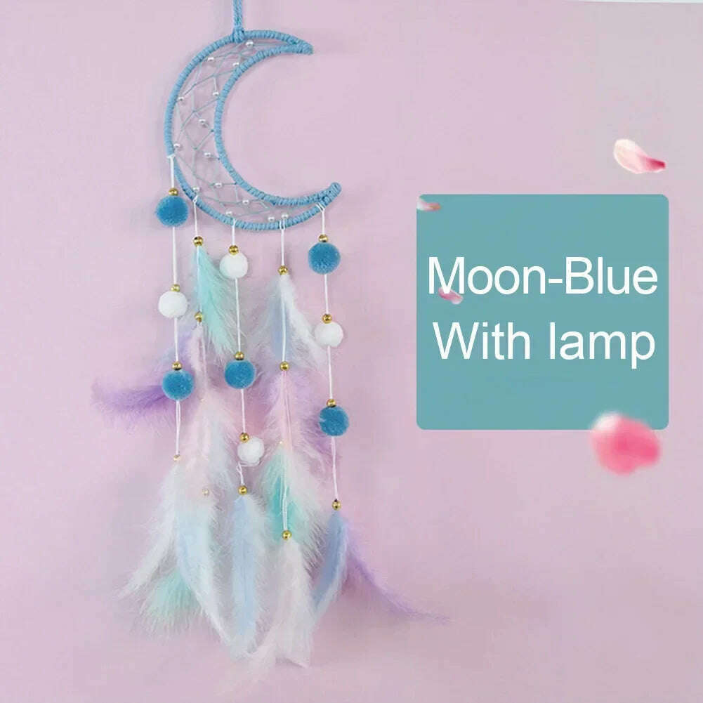 KIMLUD, Cute Dream Catcher To Hang Home Decoration Star Moon Dreamcatcher Feather Ornaments Wall Hanging Interior Kid Room House Decor, Moon style-blue / With lights, KIMLUD Womens Clothes