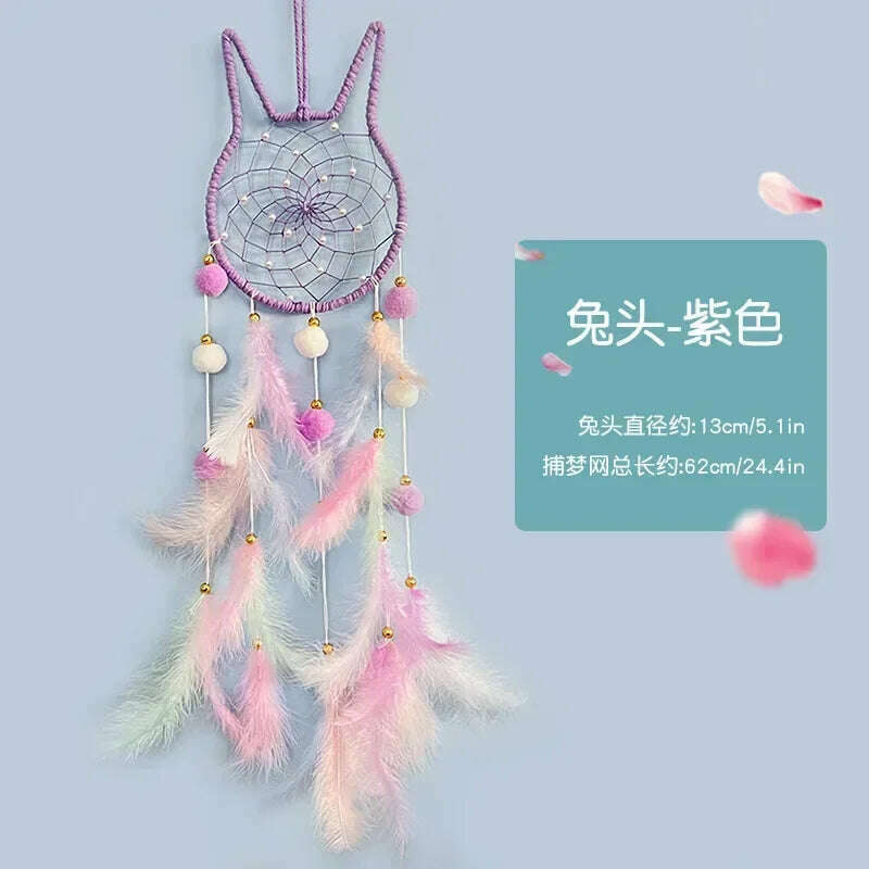 KIMLUD, Cute Dream Catcher To Hang Home Decoration Star Moon Dreamcatcher Feather Ornaments Wall Hanging Interior Kid Room House Decor, Rabbit  - purple / With lights, KIMLUD Womens Clothes