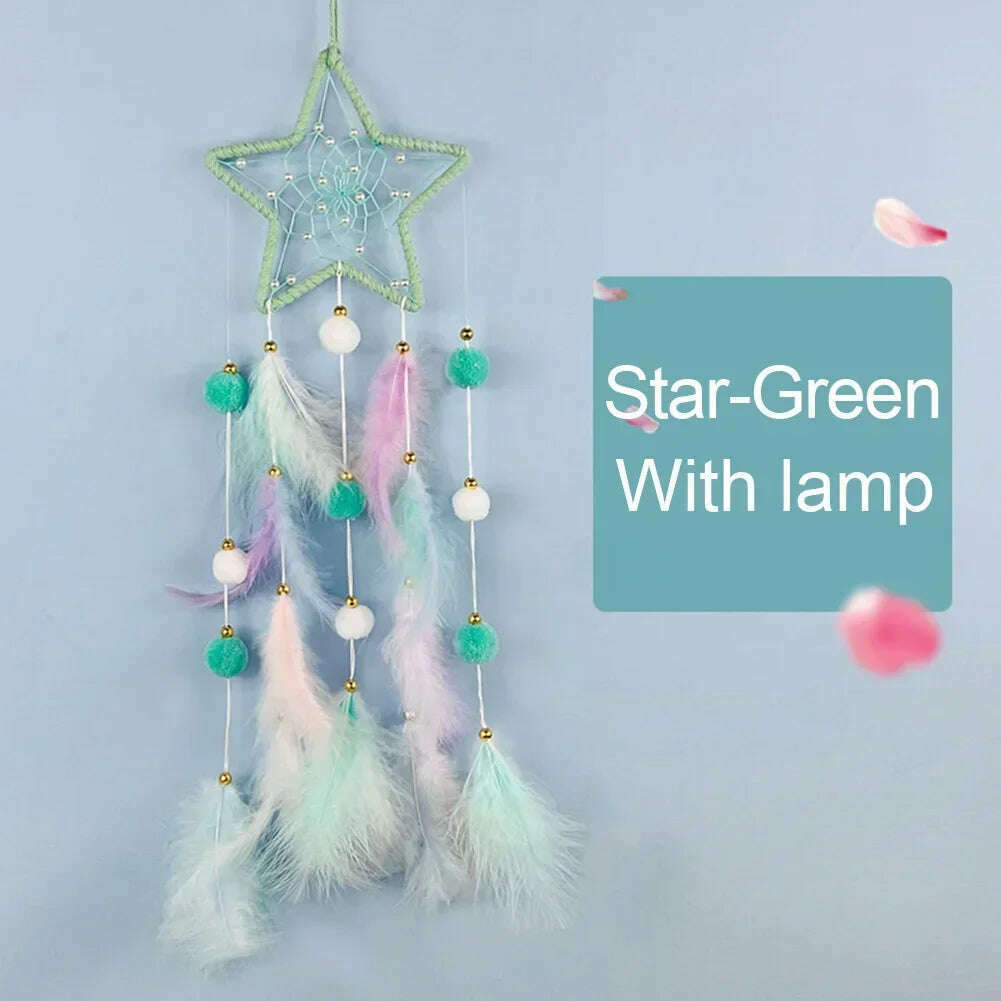 KIMLUD, Cute Dream Catcher To Hang Home Decoration Star Moon Dreamcatcher Feather Ornaments Wall Hanging Interior Kid Room House Decor, Star style-green / With lights, KIMLUD Womens Clothes