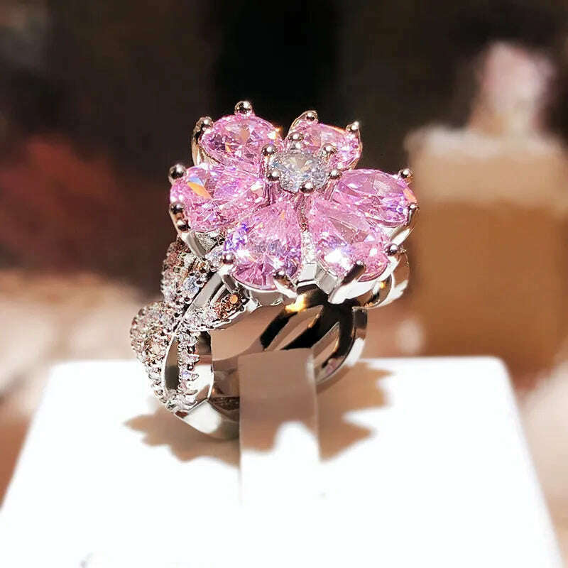 KIMLUD, Cute Female Pink Crystal Stone Ring Charm Upscale Thin 925 Sterling Silver Wedding Rings for Women Bride Flower Zircon Jewelry, KIMLUD Womens Clothes