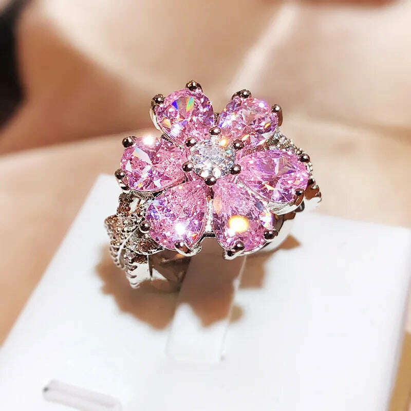 KIMLUD, Cute Female Pink Crystal Stone Ring Charm Upscale Thin 925 Sterling Silver Wedding Rings for Women Bride Flower Zircon Jewelry, KIMLUD Women's Clothes