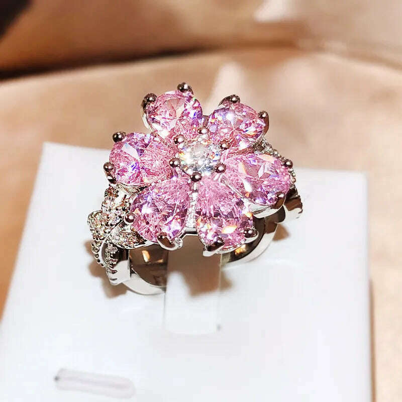 KIMLUD, Cute Female Pink Crystal Stone Ring Charm Upscale Thin 925 Sterling Silver Wedding Rings for Women Bride Flower Zircon Jewelry, KIMLUD Women's Clothes