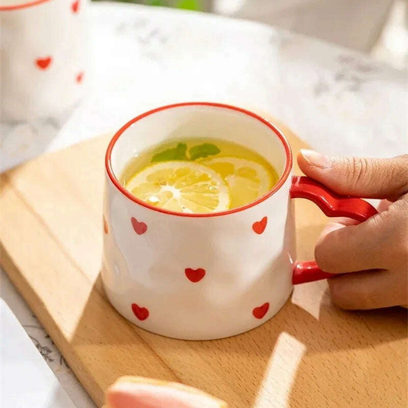 KIMLUD, Cute INS Ceramic Mug Creative Hand-Painted Love Heart Coffee Cup Breakfast Milk Cup Afternoon tea Mug Valentine's Day present, KIMLUD Women's Clothes