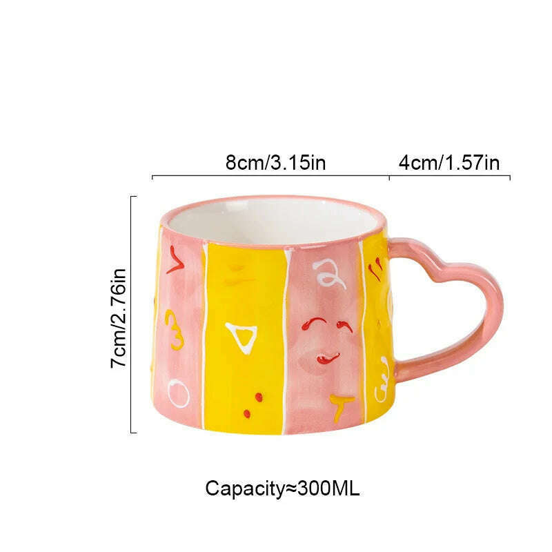 KIMLUD, Cute INS Ceramic Mug Creative Hand-Painted Love Heart Coffee Cup Breakfast Milk Cup Afternoon tea Mug Valentine's Day present, Symbol / 301-400ml, KIMLUD Women's Clothes