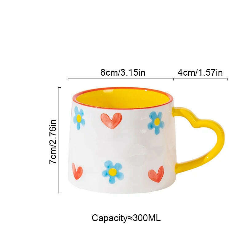 KIMLUD, Cute INS Ceramic Mug Creative Hand-Painted Love Heart Coffee Cup Breakfast Milk Cup Afternoon tea Mug Valentine's Day present, Heart flower / 301-400ml, KIMLUD Women's Clothes