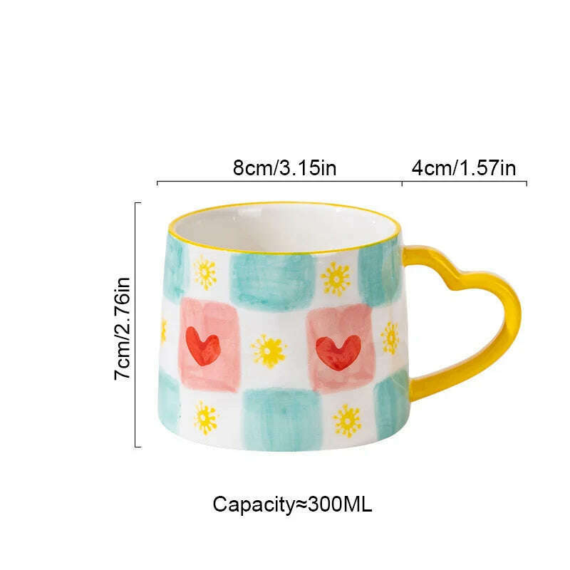 KIMLUD, Cute INS Ceramic Mug Creative Hand-Painted Love Heart Coffee Cup Breakfast Milk Cup Afternoon tea Mug Valentine's Day present, Grid heart / 301-400ml, KIMLUD Women's Clothes