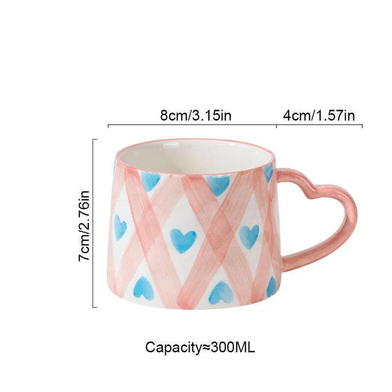 KIMLUD, Cute INS Ceramic Mug Creative Hand-Painted Love Heart Coffee Cup Breakfast Milk Cup Afternoon tea Mug Valentine's Day present, Rhombus heart / 301-400ml, KIMLUD Women's Clothes