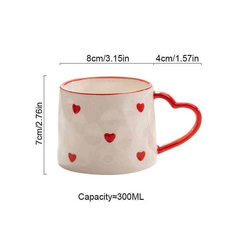 KIMLUD, Cute INS Ceramic Mug Creative Hand-Painted Love Heart Coffee Cup Breakfast Milk Cup Afternoon tea Mug Valentine's Day present, Red heart / 301-400ml, KIMLUD Women's Clothes