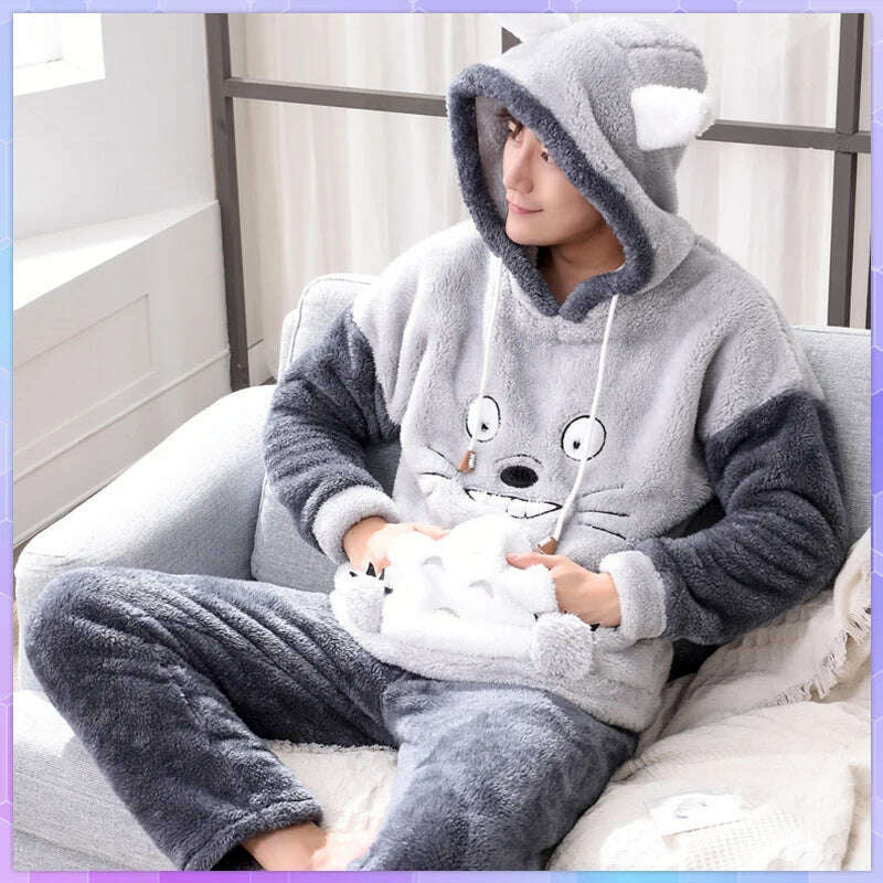 Cute Pajamas For Men Thick Plush Fleece Pajama Sets Winter Coral Velvet Warm Flannel Clothes Home Suit Male Sleepwear Пижама - KIMLUD