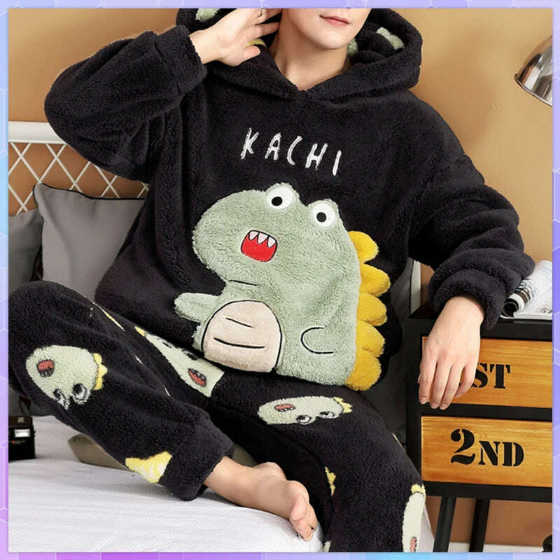 Cute Pajamas For Men Thick Plush Fleece Pajama Sets Winter Coral Velvet Warm Flannel Clothes Home Suit Male Sleepwear Пижама - KIMLUD