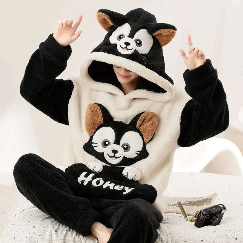 Cute Pajamas For Men Thick Plush Fleece Pajama Sets Winter Coral Velvet Warm Flannel Clothes Home Suit Male Sleepwear Пижама - KIMLUD