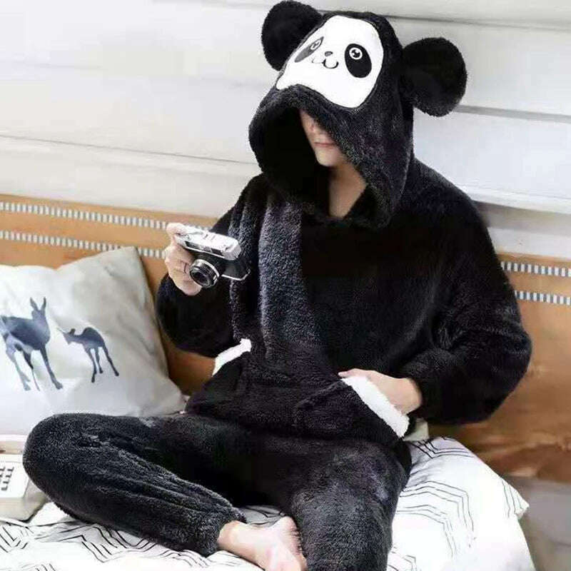 Cute Pajamas For Men Thick Plush Fleece Pajama Sets Winter Coral Velvet Warm Flannel Clothes Home Suit Male Sleepwear Пижама - KIMLUD