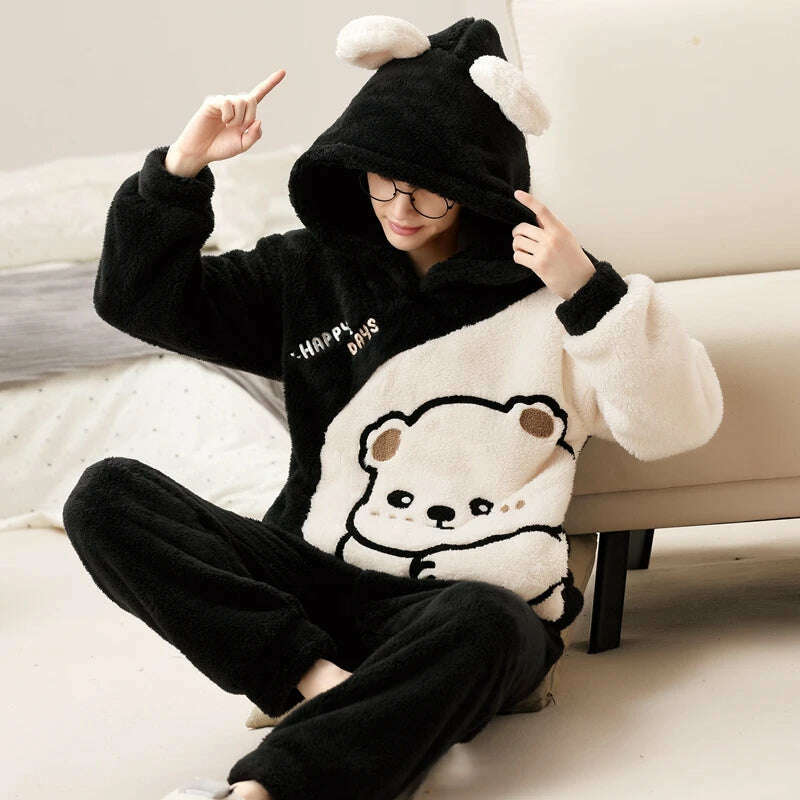 Cute Pajamas For Men Thick Plush Fleece Pajama Sets Winter Coral Velvet Warm Flannel Clothes Home Suit Male Sleepwear Пижама - KIMLUD