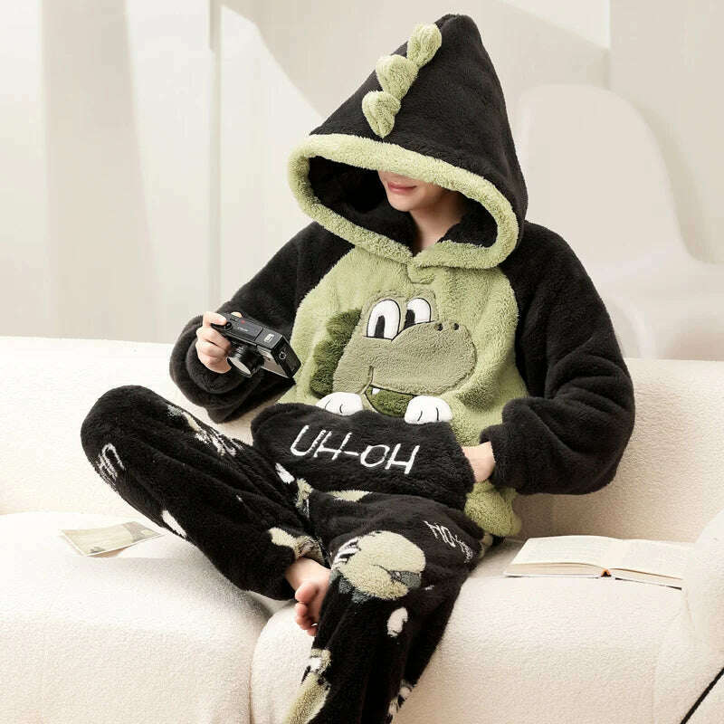 Cute Pajamas For Men Thick Plush Fleece Pajama Sets Winter Coral Velvet Warm Flannel Clothes Home Suit Male Sleepwear Пижама - KIMLUD