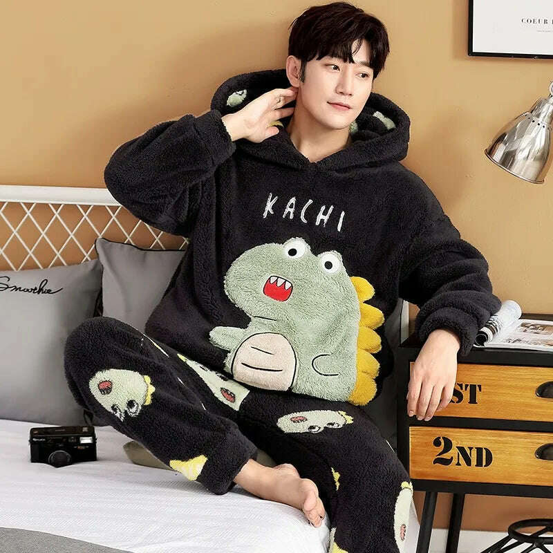 Cute Pajamas For Men Thick Plush Fleece Pajama Sets Winter Coral Velvet Warm Flannel Clothes Home Suit Male Sleepwear Пижама - KIMLUD