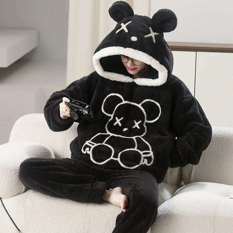 Cute Pajamas For Men Thick Plush Fleece Pajama Sets Winter Coral Velvet Warm Flannel Clothes Home Suit Male Sleepwear Пижама - KIMLUD