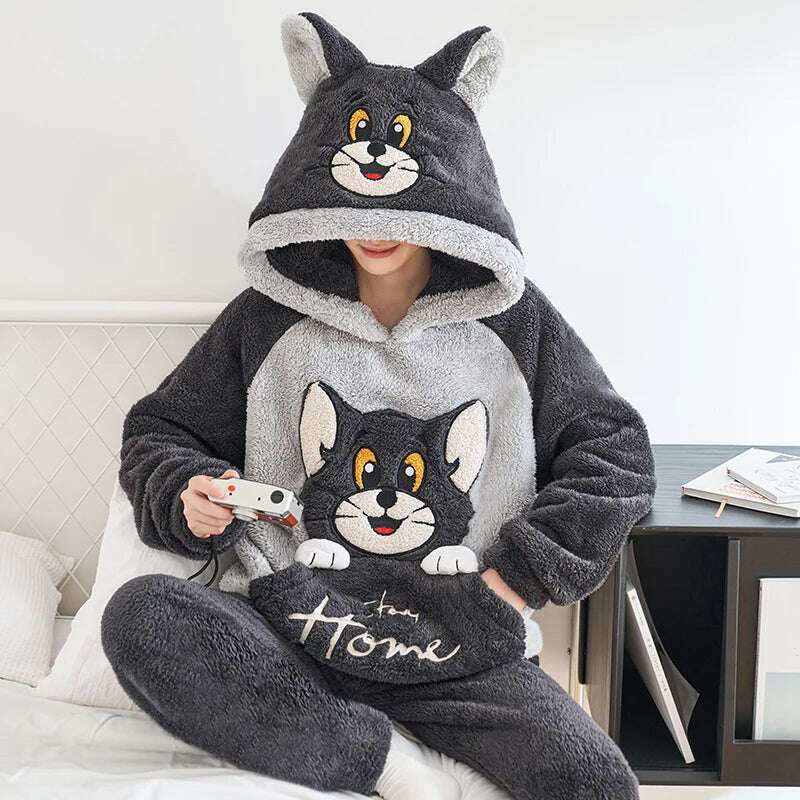 Cute Pajamas For Men Thick Plush Fleece Pajama Sets Winter Coral Velvet Warm Flannel Clothes Home Suit Male Sleepwear Пижама - KIMLUD