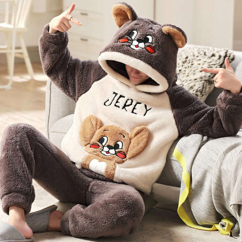 Cute Pajamas For Men Thick Plush Fleece Pajama Sets Winter Coral Velvet Warm Flannel Clothes Home Suit Male Sleepwear Пижама - KIMLUD