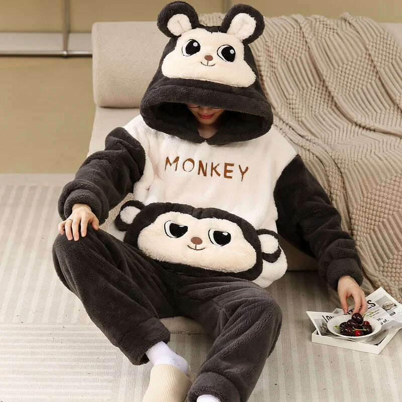 Cute Pajamas For Men Thick Plush Fleece Pajama Sets Winter Coral Velvet Warm Flannel Clothes Home Suit Male Sleepwear Пижама - KIMLUD