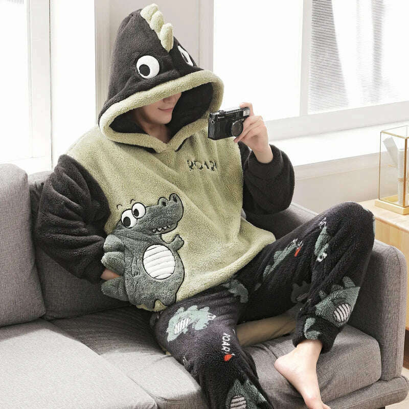 Cute Pajamas For Men Thick Plush Fleece Pajama Sets Winter Coral Velvet Warm Flannel Clothes Home Suit Male Sleepwear Пижама - KIMLUD