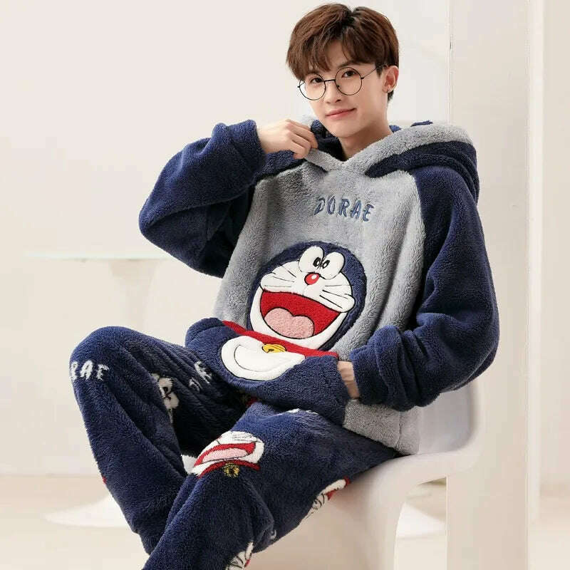 Cute Pajamas For Men Thick Plush Fleece Pajama Sets Winter Coral Velvet Warm Flannel Clothes Home Suit Male Sleepwear Пижама - KIMLUD