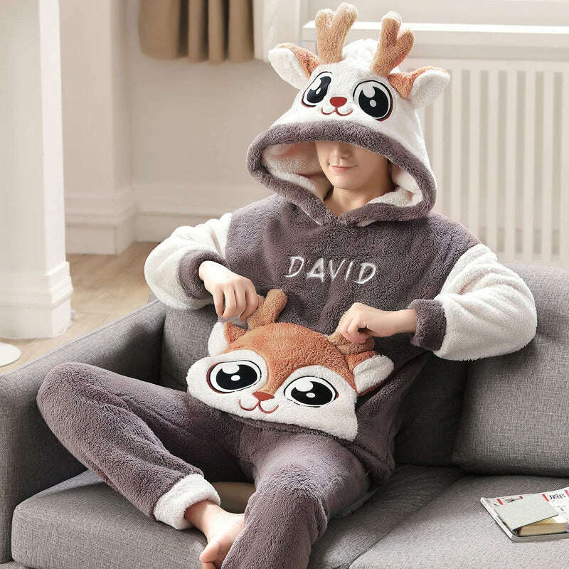 Cute Pajamas For Men Thick Plush Fleece Pajama Sets Winter Coral Velvet Warm Flannel Clothes Home Suit Male Sleepwear Пижама - KIMLUD