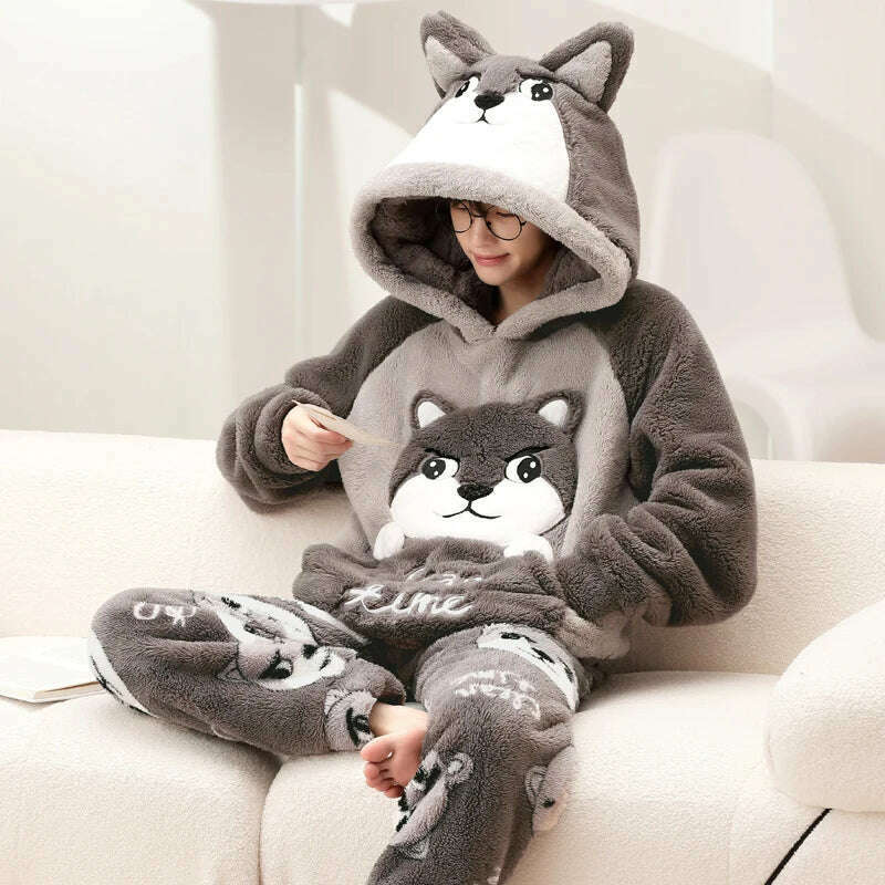Cute Pajamas For Men Thick Plush Fleece Pajama Sets Winter Coral Velvet Warm Flannel Clothes Home Suit Male Sleepwear Пижама - KIMLUD