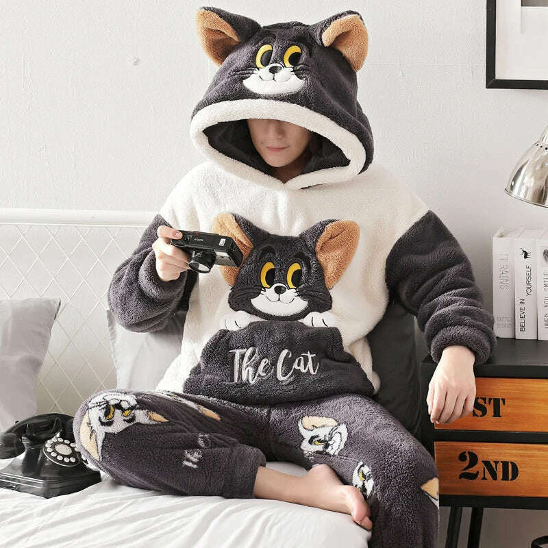 Cute Pajamas For Men Thick Plush Fleece Pajama Sets Winter Coral Velvet Warm Flannel Clothes Home Suit Male Sleepwear Пижама - KIMLUD