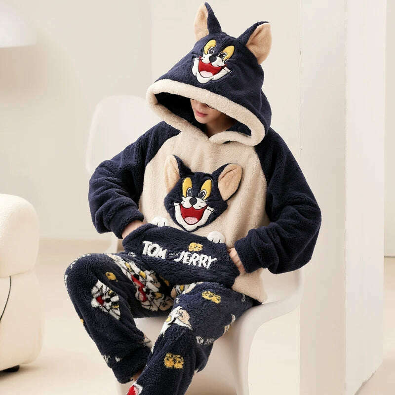 Cute Pajamas For Men Thick Plush Fleece Pajama Sets Winter Coral Velvet Warm Flannel Clothes Home Suit Male Sleepwear Пижама - KIMLUD