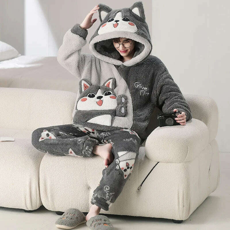 Cute Pajamas For Men Thick Plush Fleece Pajama Sets Winter Coral Velvet Warm Flannel Clothes Home Suit Male Sleepwear Пижама - KIMLUD