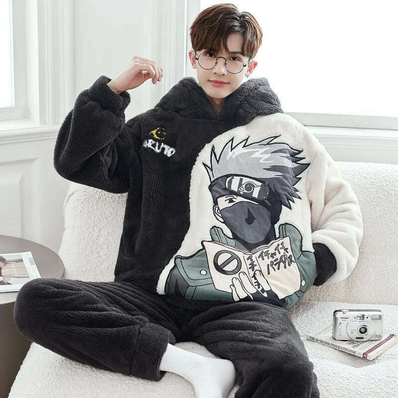 Cute Pajamas For Men Thick Plush Fleece Pajama Sets Winter Coral Velvet Warm Flannel Clothes Home Suit Male Sleepwear Пижама - KIMLUD