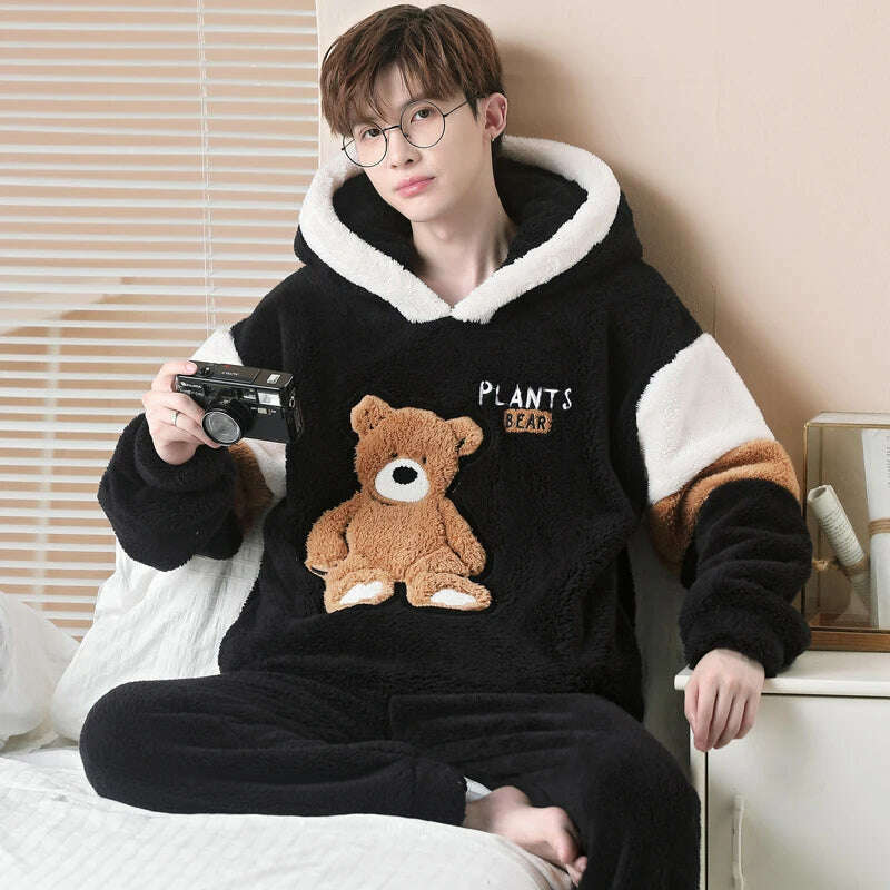Cute Pajamas For Men Thick Plush Fleece Pajama Sets Winter Coral Velvet Warm Flannel Clothes Home Suit Male Sleepwear Пижама - KIMLUD