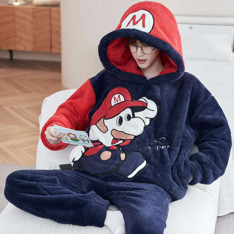 Cute Pajamas For Men Thick Plush Fleece Pajama Sets Winter Coral Velvet Warm Flannel Clothes Home Suit Male Sleepwear Пижама - KIMLUD