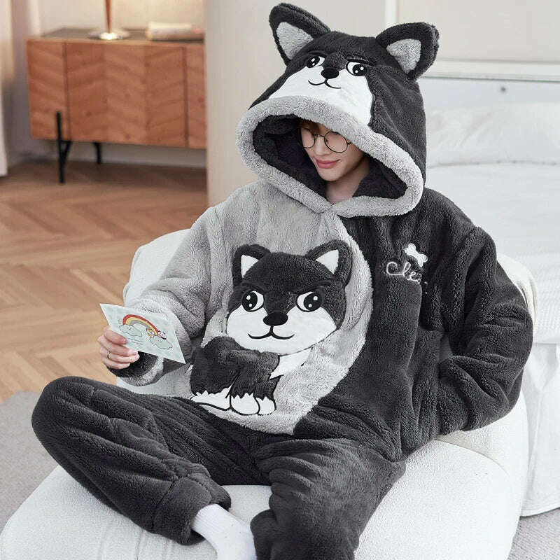 Cute Pajamas For Men Thick Plush Fleece Pajama Sets Winter Coral Velvet Warm Flannel Clothes Home Suit Male Sleepwear Пижама - KIMLUD