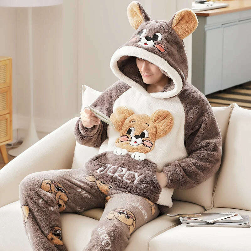 Cute Pajamas For Men Thick Plush Fleece Pajama Sets Winter Coral Velvet Warm Flannel Clothes Home Suit Male Sleepwear Пижама - KIMLUD