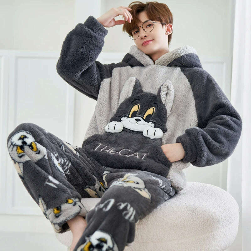 Cute Pajamas For Men Thick Plush Fleece Pajama Sets Winter Coral Velvet Warm Flannel Clothes Home Suit Male Sleepwear Пижама - KIMLUD