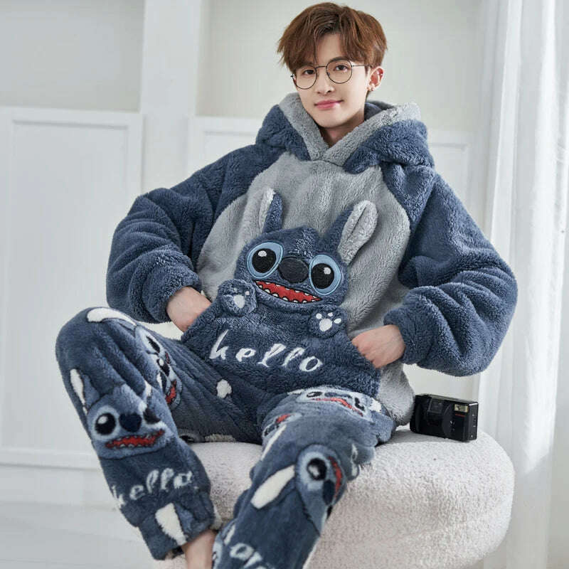 Cute Pajamas For Men Thick Plush Fleece Pajama Sets Winter Coral Velvet Warm Flannel Clothes Home Suit Male Sleepwear Пижама - KIMLUD