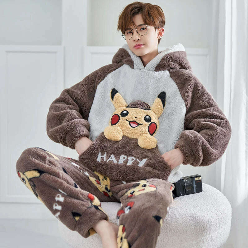 Cute Pajamas For Men Thick Plush Fleece Pajama Sets Winter Coral Velvet Warm Flannel Clothes Home Suit Male Sleepwear Пижама - KIMLUD