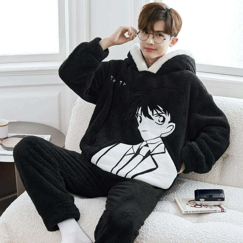 Cute Pajamas For Men Thick Plush Fleece Pajama Sets Winter Coral Velvet Warm Flannel Clothes Home Suit Male Sleepwear Пижама - KIMLUD