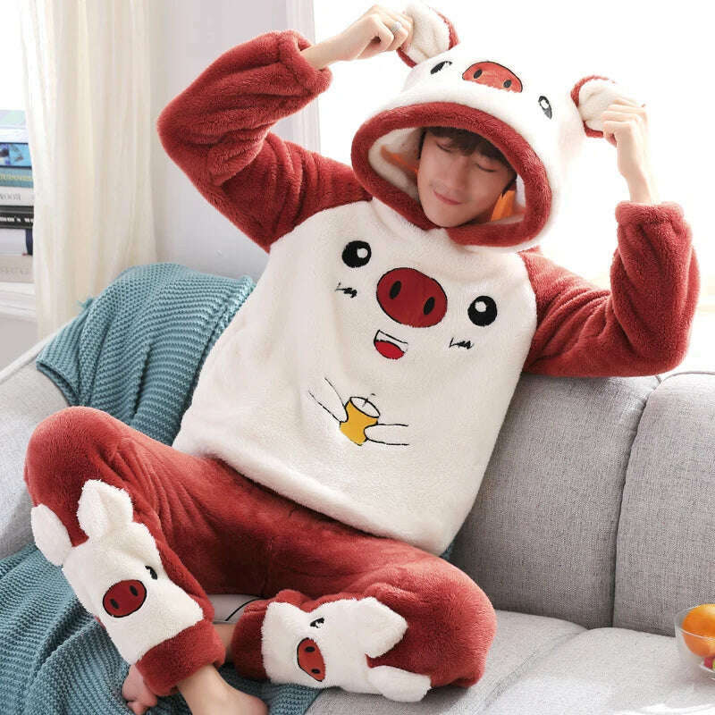 Cute Pajamas For Men Thick Plush Fleece Pajama Sets Winter Coral Velvet Warm Flannel Clothes Home Suit Male Sleepwear Пижама - KIMLUD