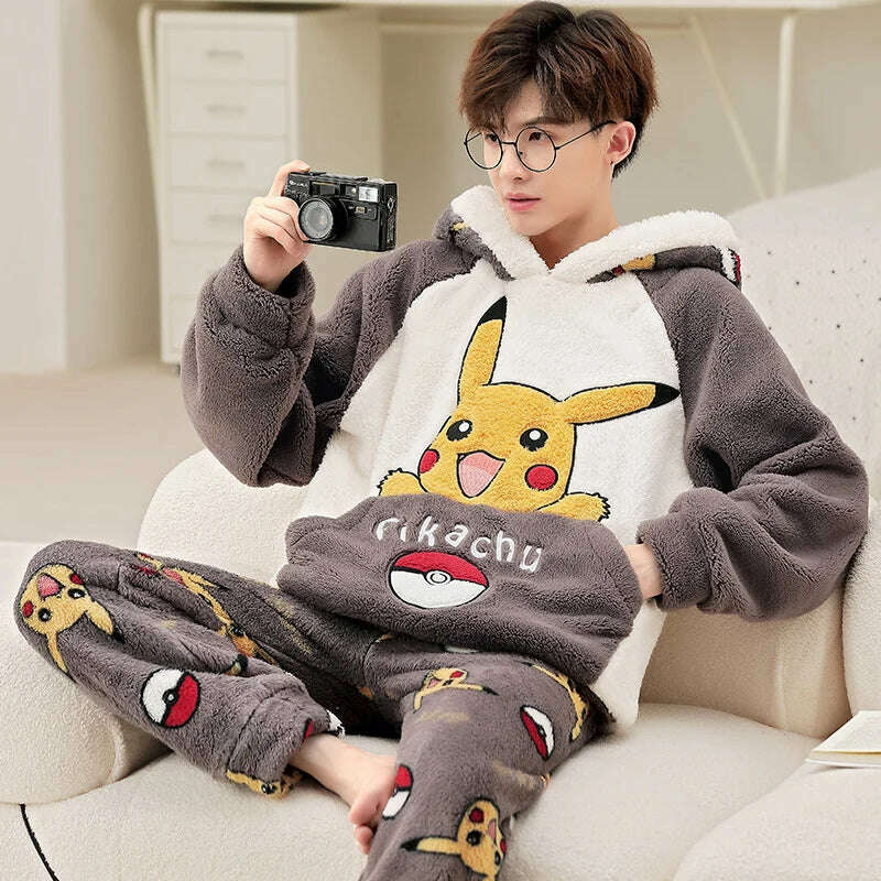 Cute Pajamas For Men Thick Plush Fleece Pajama Sets Winter Coral Velvet Warm Flannel Clothes Home Suit Male Sleepwear Пижама - KIMLUD
