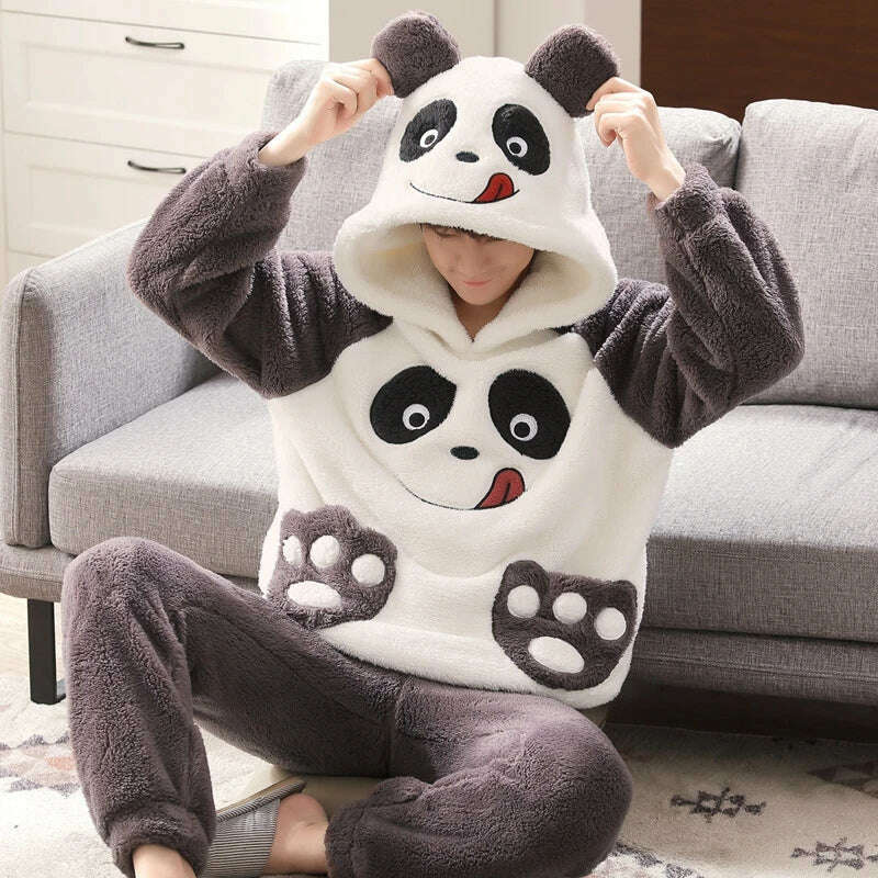 Cute Pajamas For Men Thick Plush Fleece Pajama Sets Winter Coral Velvet Warm Flannel Clothes Home Suit Male Sleepwear Пижама - KIMLUD