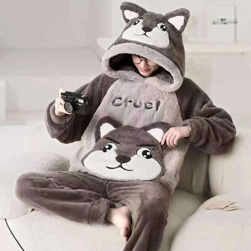 Cute Pajamas For Men Thick Plush Fleece Pajama Sets Winter Coral Velvet Warm Flannel Clothes Home Suit Male Sleepwear Пижама - KIMLUD