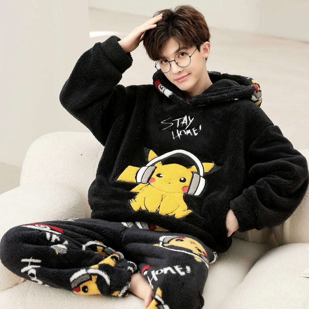 Cute Pajamas For Men Thick Plush Fleece Pajama Sets Winter Coral Velvet Warm Flannel Clothes Home Suit Male Sleepwear Пижама - KIMLUD