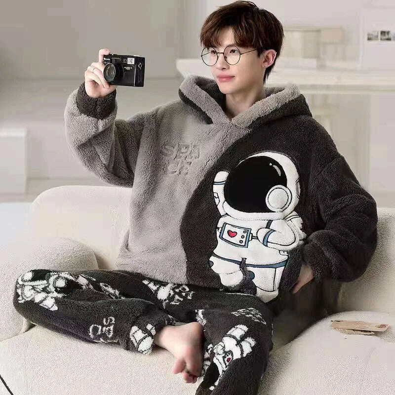 Cute Pajamas For Men Thick Plush Fleece Pajama Sets Winter Coral Velvet Warm Flannel Clothes Home Suit Male Sleepwear Пижама - KIMLUD